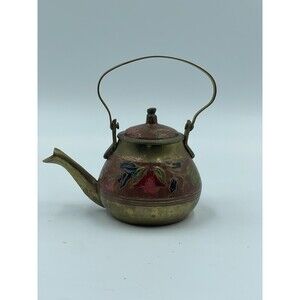 Vintage Miniature Brass Cloisonné Teapot Enameled Floral Design Swing Handle